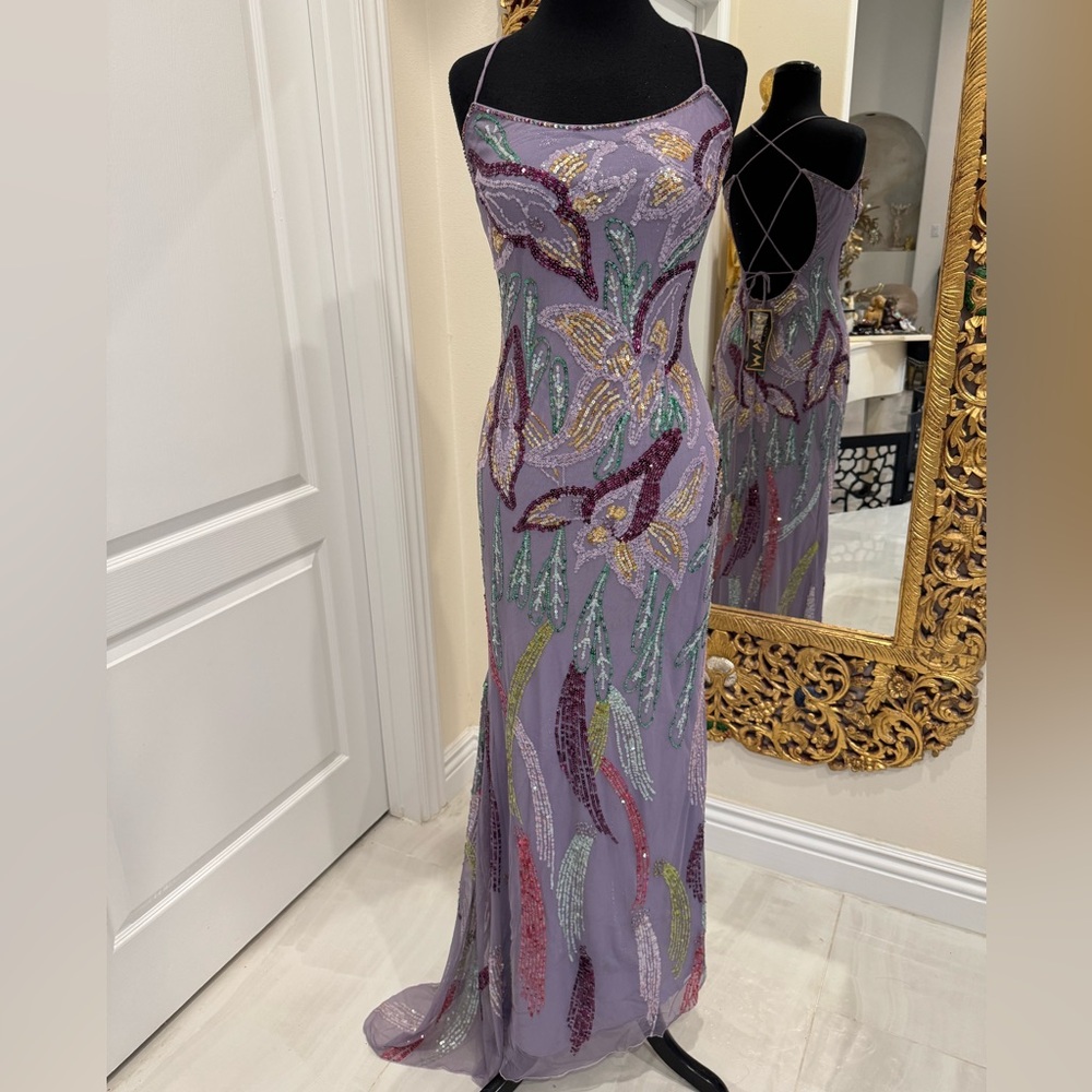 Elegant Lavender‎ hand beaded Evening Gown - stretch fabric low back